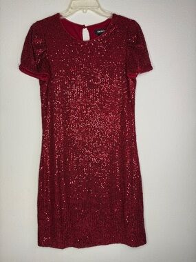 DKNY Red Sequin Short Sleeve Shift Dress
